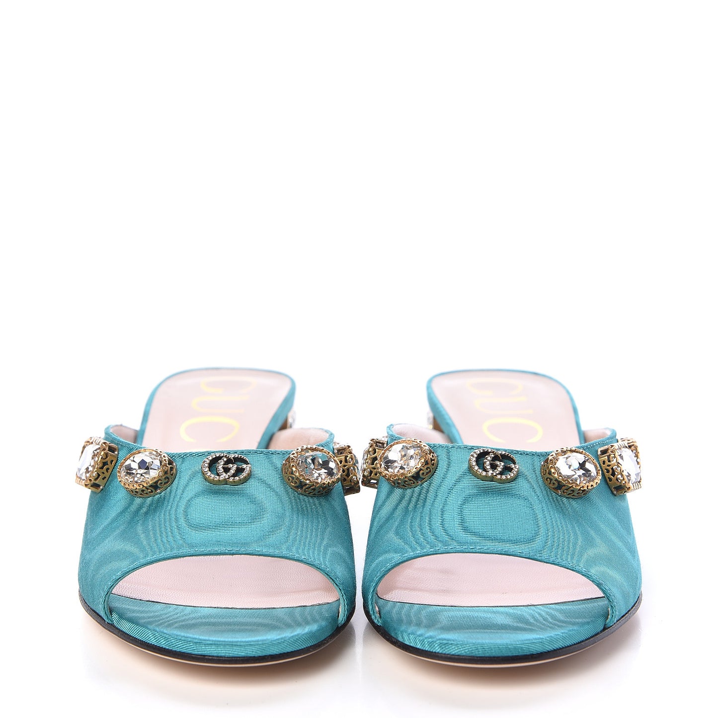 Moire Fabric Crystal Embellished Lyric Slide Sandals 36 TurquoIse
