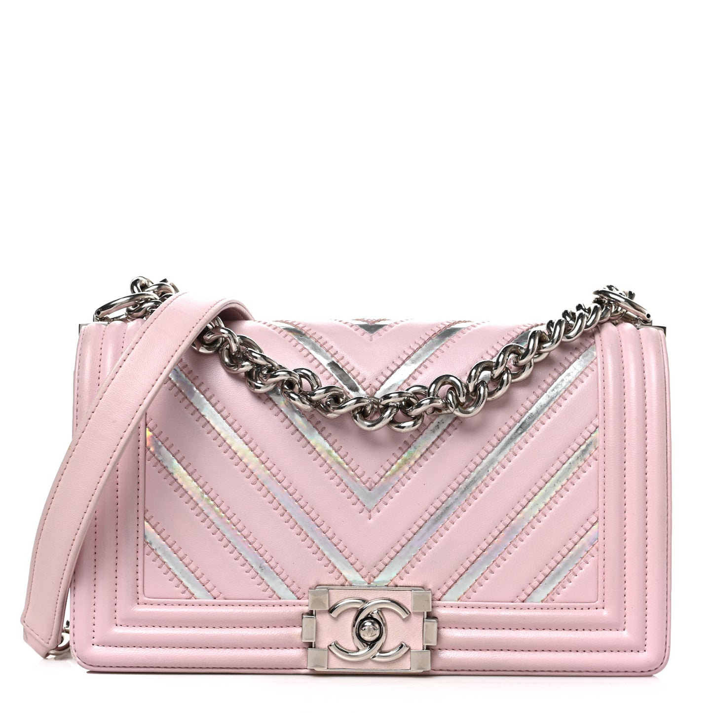 Lambskin Iridescent PVC Medium Boy Flap Light Pink Silver