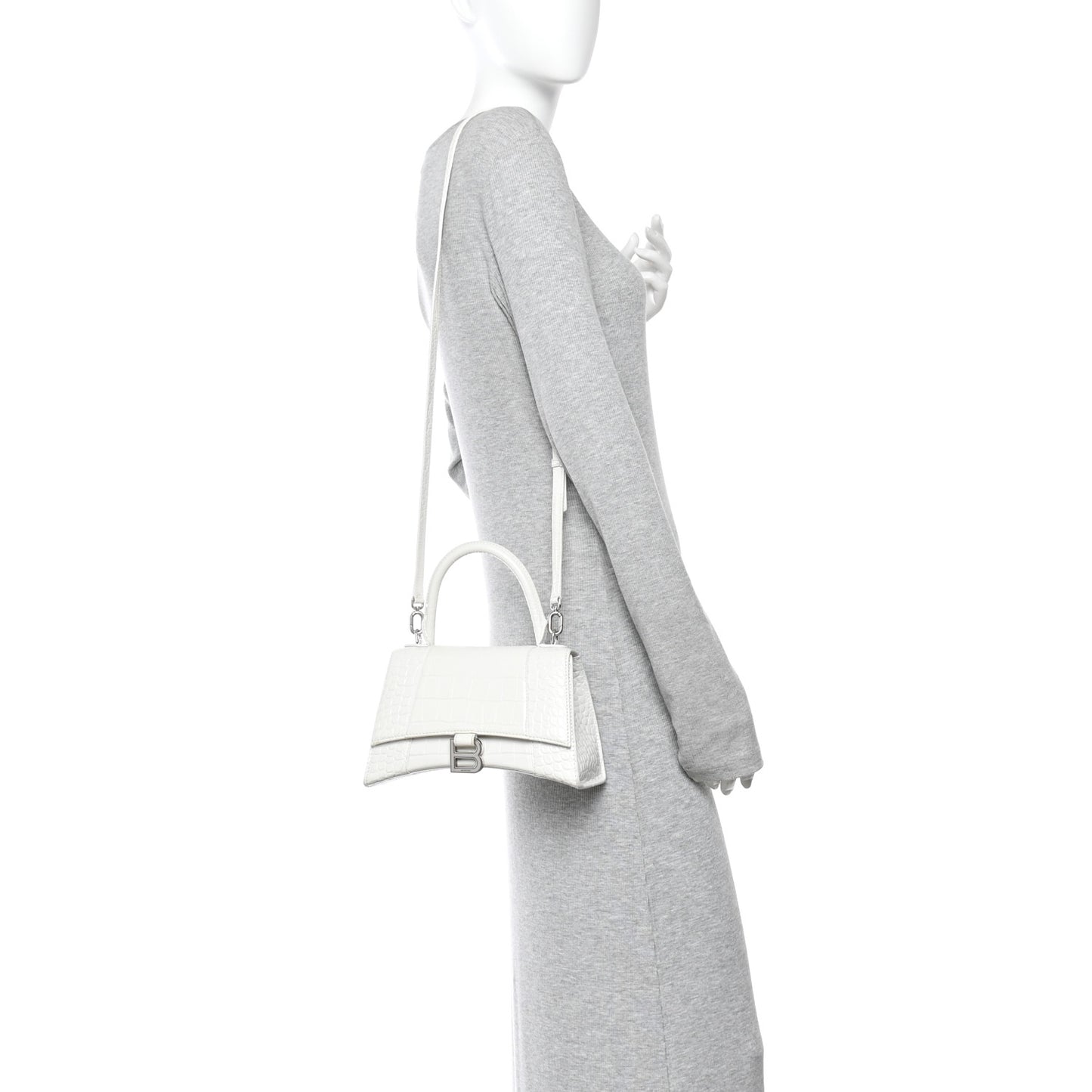 Calfskin Crocodile Embossed Small Hourglass Top Handle Bag White