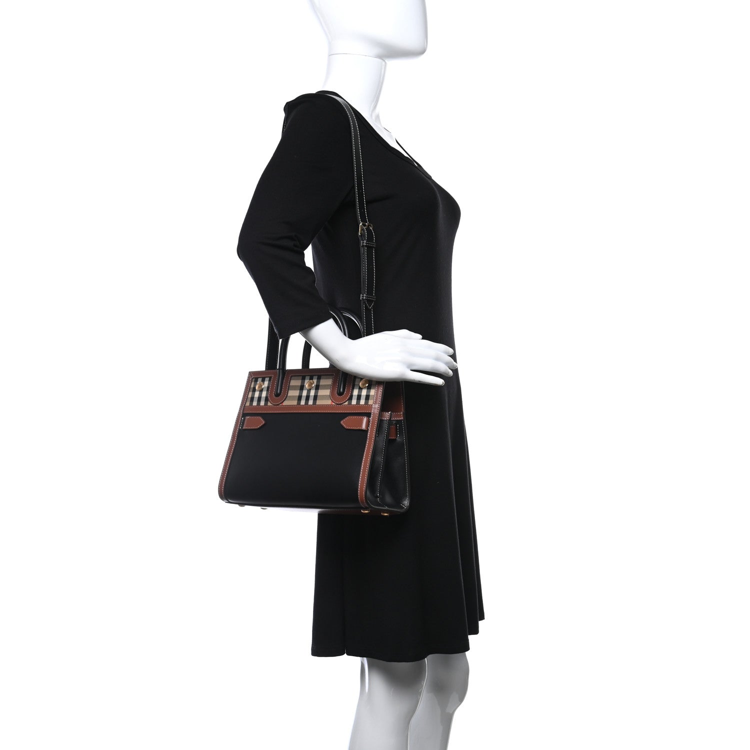 Burberry Calfskin Vintage Check Mini Two Handle Title Bag Black 2 of 11