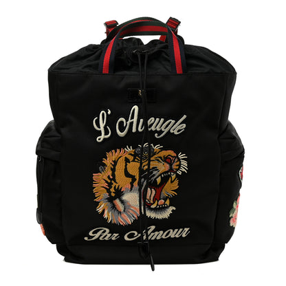 Gucci Techno Canvas Web L'Aveugle Par Amour Embroidered Drawstring Backpack Black 1 of 11