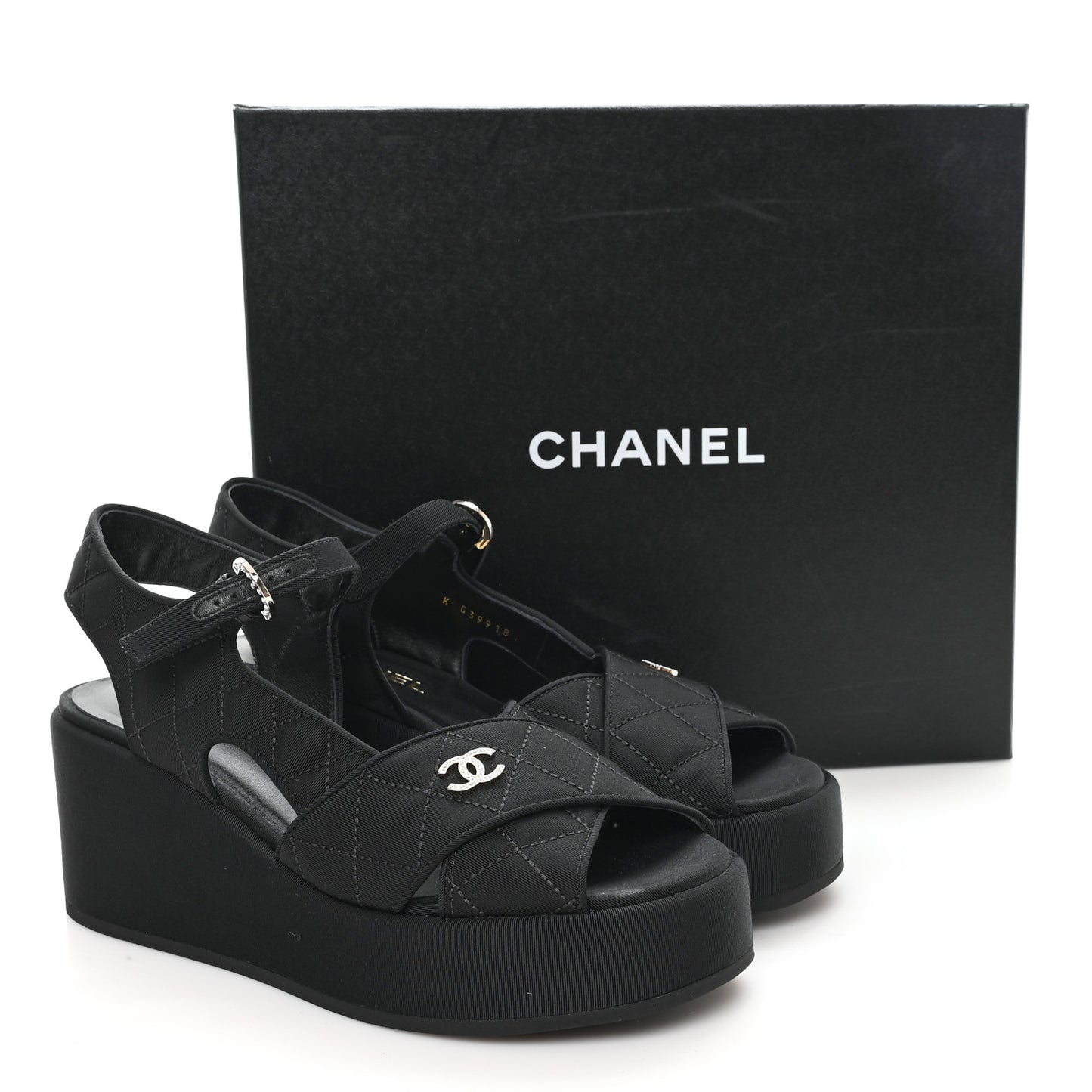 Grosgrain Quilted Crystal CC Platform Sandals 39.5 Black