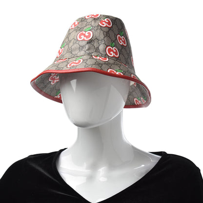 Gucci GG Supreme Monogram Apple Textured Dollar Calfskin Retro Interlocking G Fedora Pomme Bucket Hat L Beige Ebony Red 2 of 7