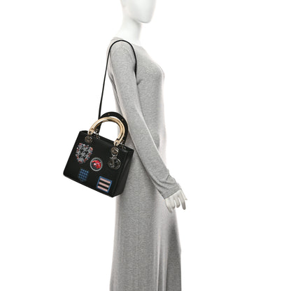 Christian Dior Smooth Calfskin Embroidered Beaded Floral Medium Lady Dior Black 2 of 10