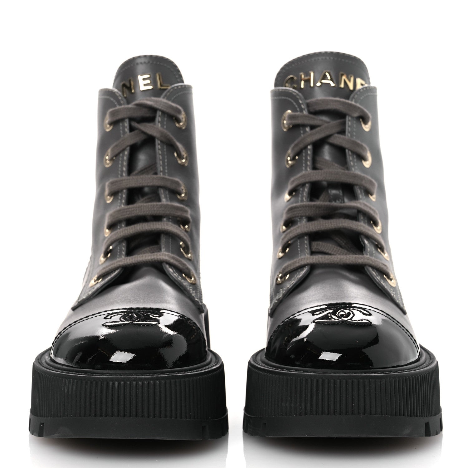 Chanel Calfskin Patent Calfskin CC Lace Up Combat Boots 36.5 Gray