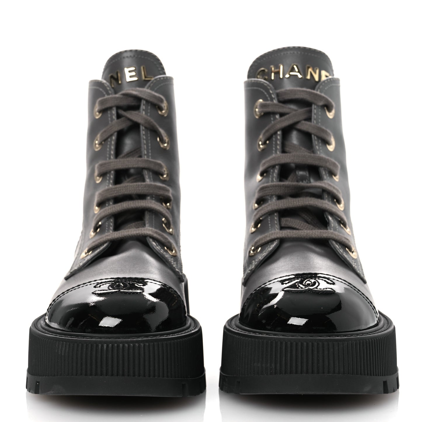 Calfskin Patent Calfskin CC Lace Up Combat Boots 36.5 Gray Black