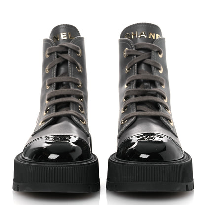 Chanel Calfskin Patent Calfskin CC Lace Up Combat Boots 36.5 Gray Black 3 of 11