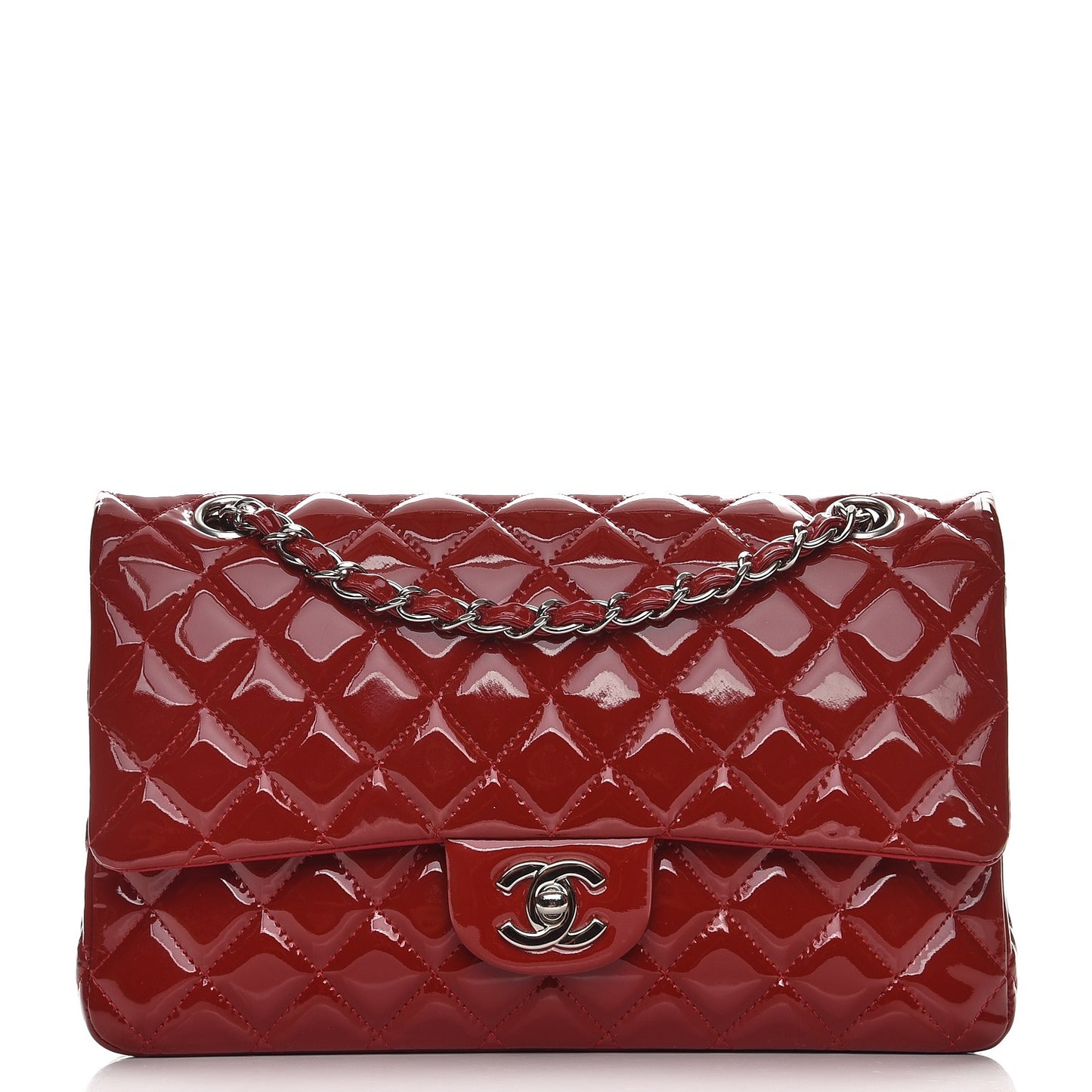 Patent Calfskin Quilted Medium Double Flap Dark Red