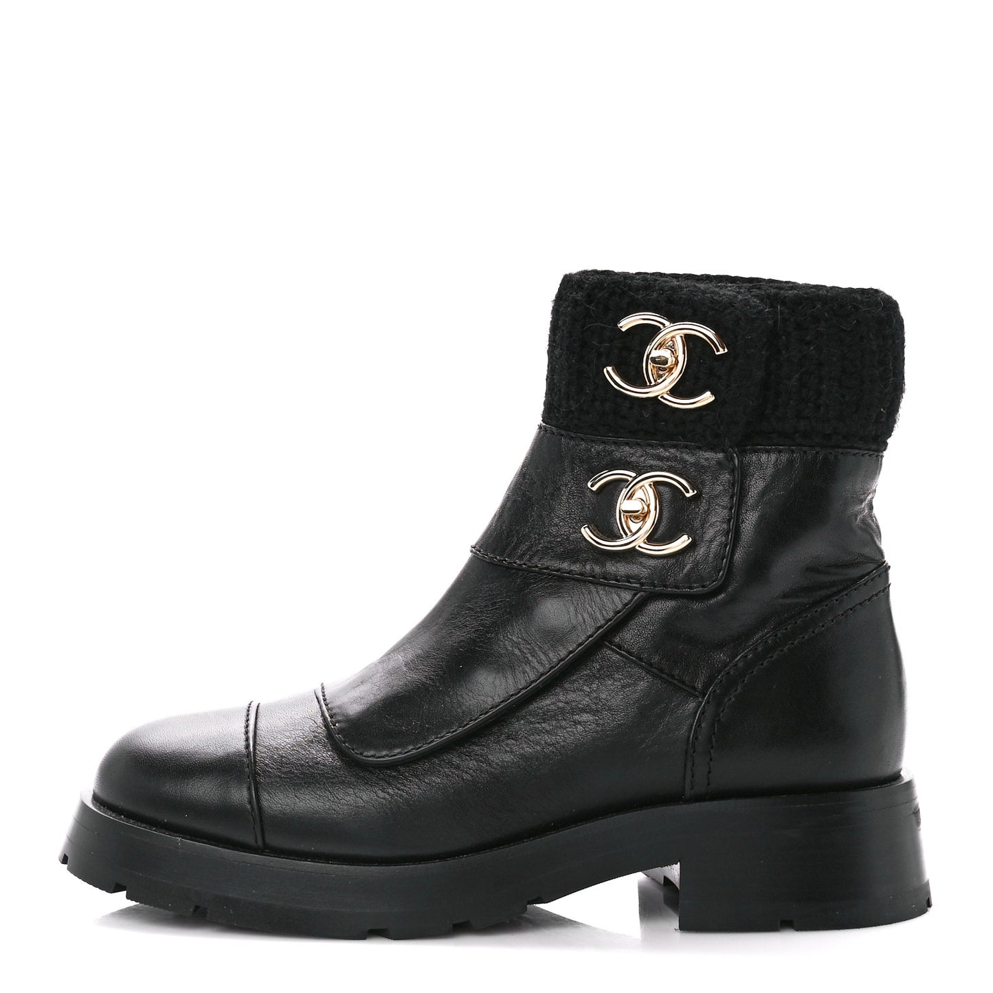 Calfskin Knit CC Short Boots 37 Black