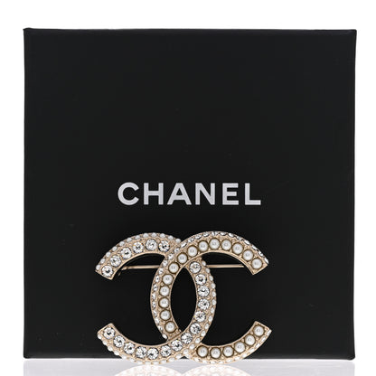 Chanel Metal Crystal Pearl CC Brooch Gold White 5 of 5