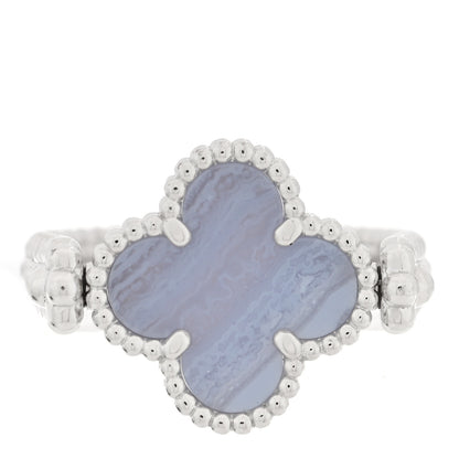 Van Cleef & Arpels 18K White Gold Diamond Chalcedony Reversible Guilloche Vintage Alhambra Ring 53 6.5 3 of 6