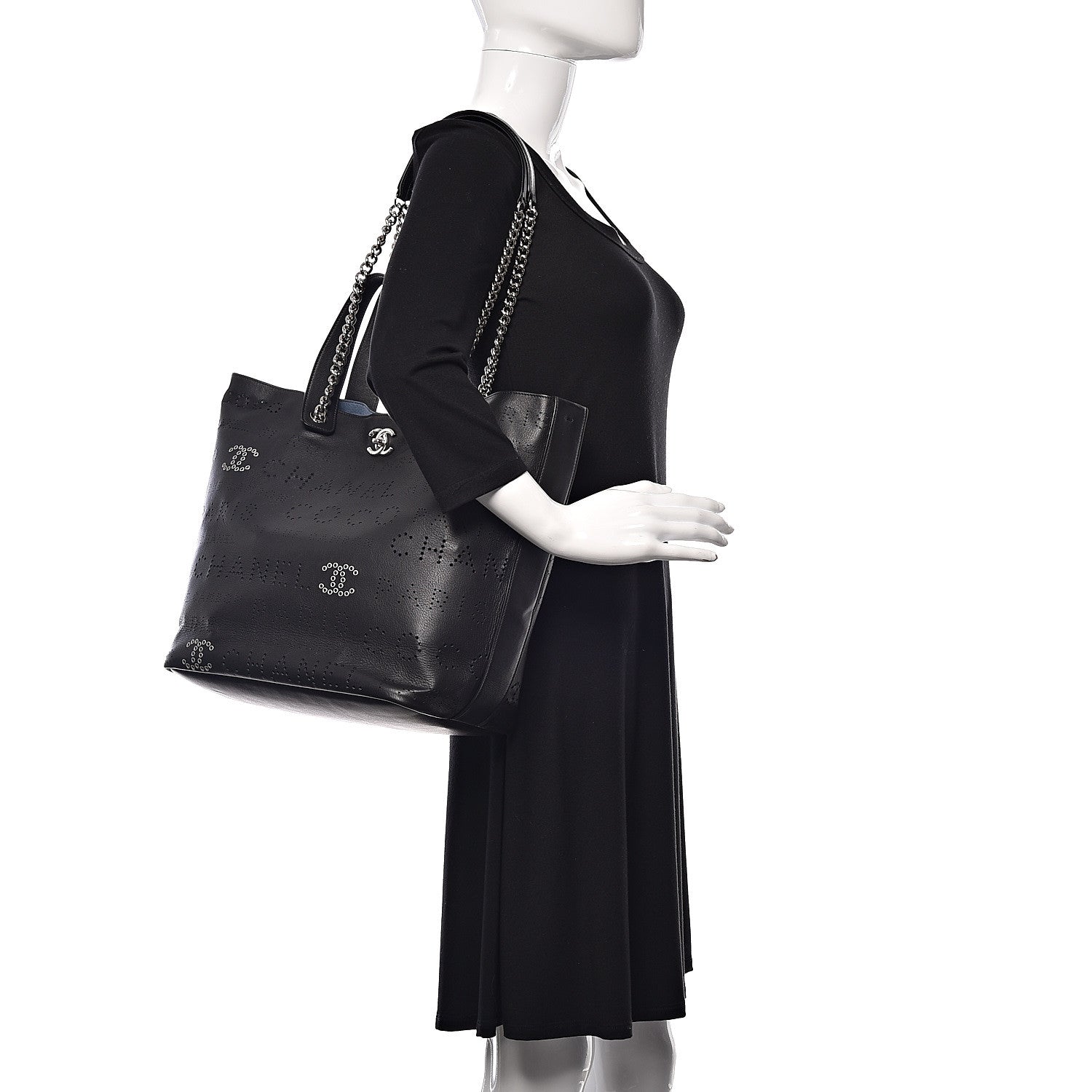 Chanel Calfskin Tweed Eyelet Large Shopping Tote Black 2 of 13