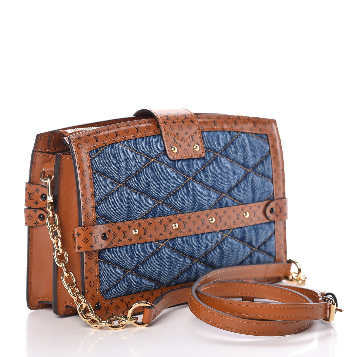Denim Calfskin Malletage Trunk Clutch Light Blue