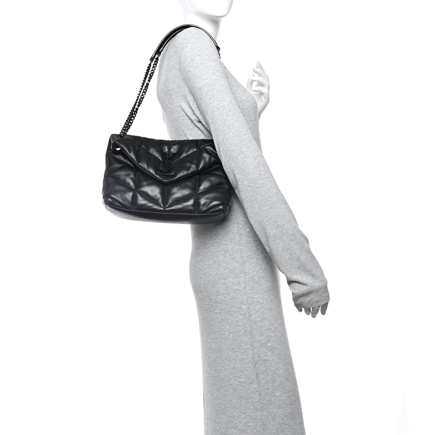 Lambskin Quilted Monogram Monochrome Small Loulou Puffer Chain Satchel Black