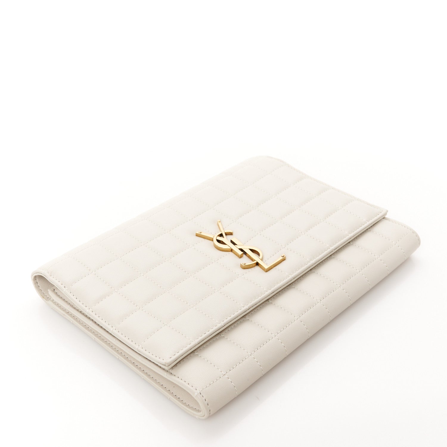 Saint Laurent Lambskin Carre Quilted Cassandre Pouch Clutch Crema Soft 4 of 8