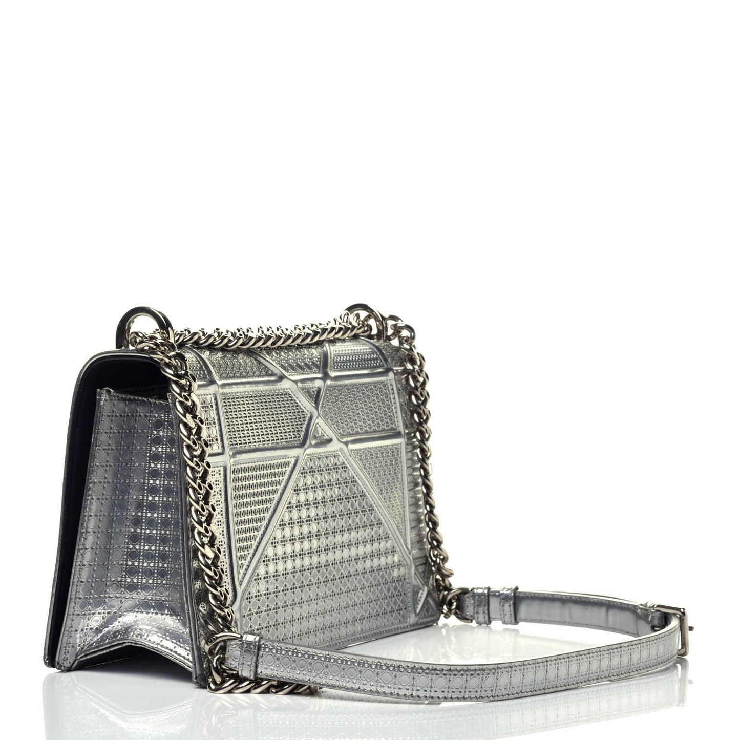 Metallic Patent Micro-Cannage Medium Diorama Flap Bag Silver