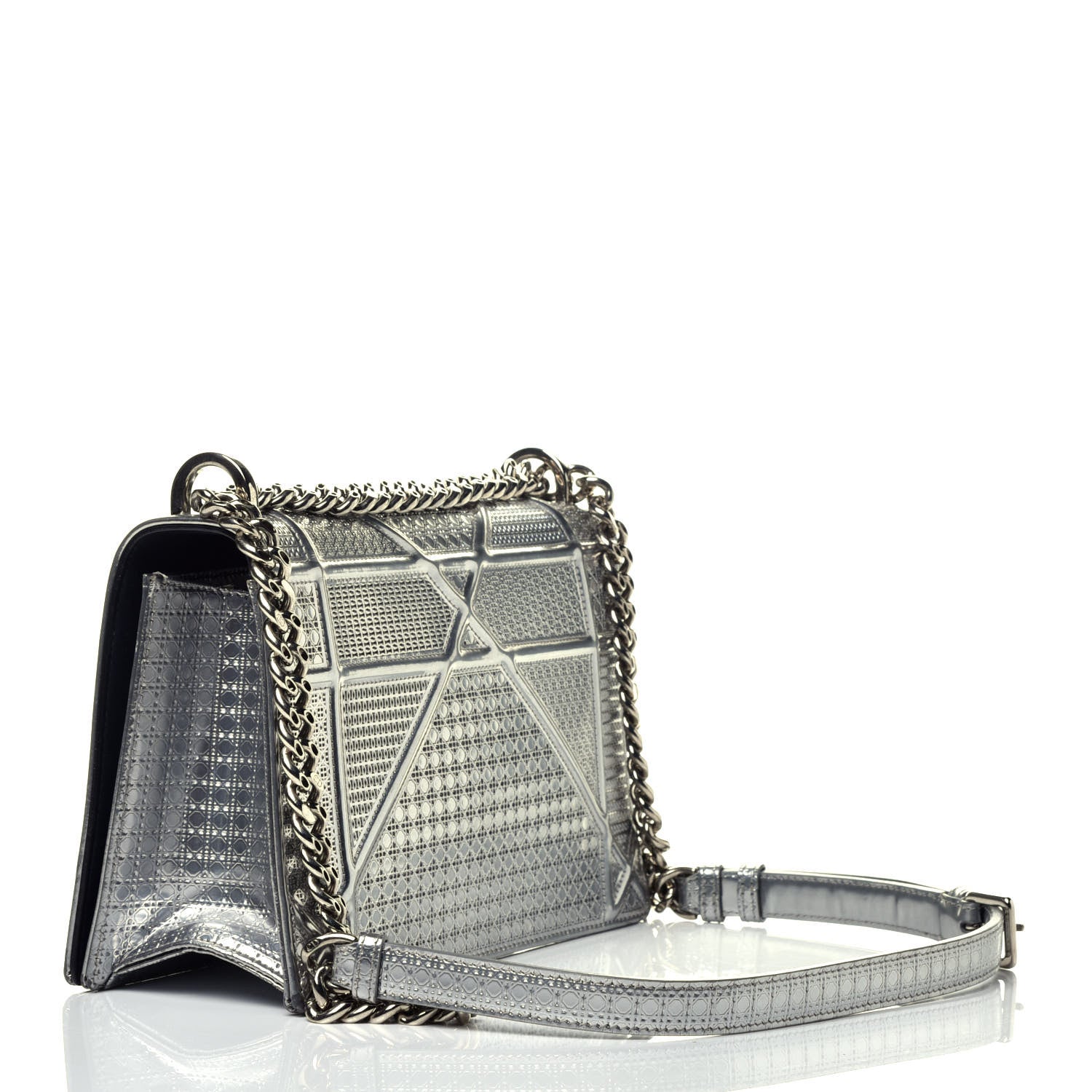 Christian Dior Metallic Patent Micro-Cannage Medium Diorama Flap Bag Silver 3 of 9