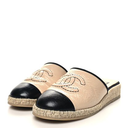 Chanel Crumpled Goatskin CC Espadrille Mules 40 Beige Black 3 of 8
