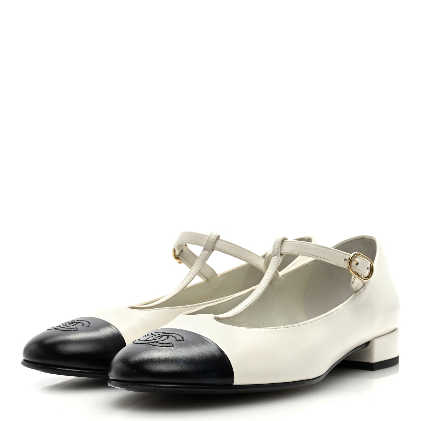 Calfskin Cap Toe T Strap CC Flats 39.5 Ivory Black