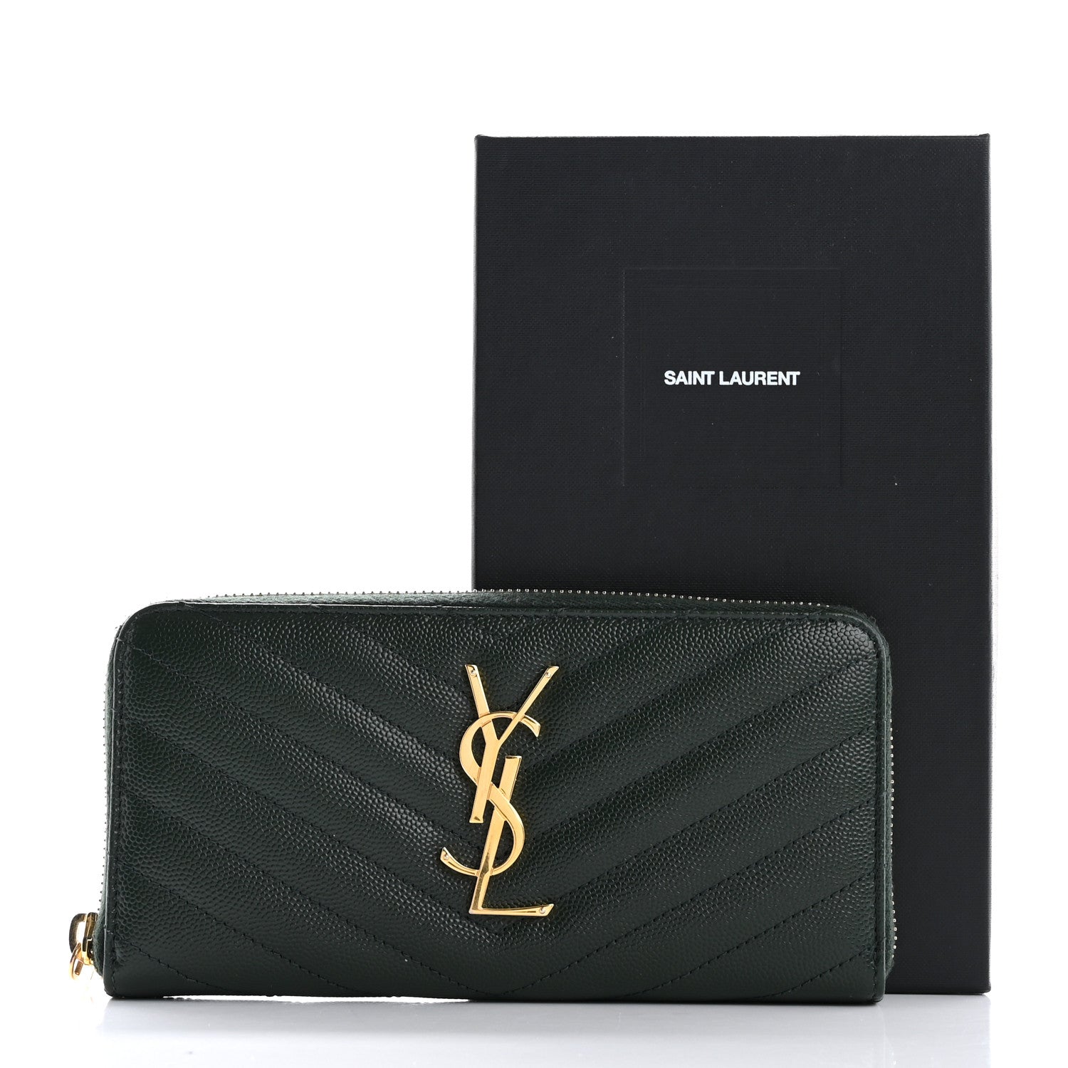 Saint Laurent Grain De Poudre Matelasse Chevron Monogram Zip Around Wallet New Vert Fonce 11 of 11