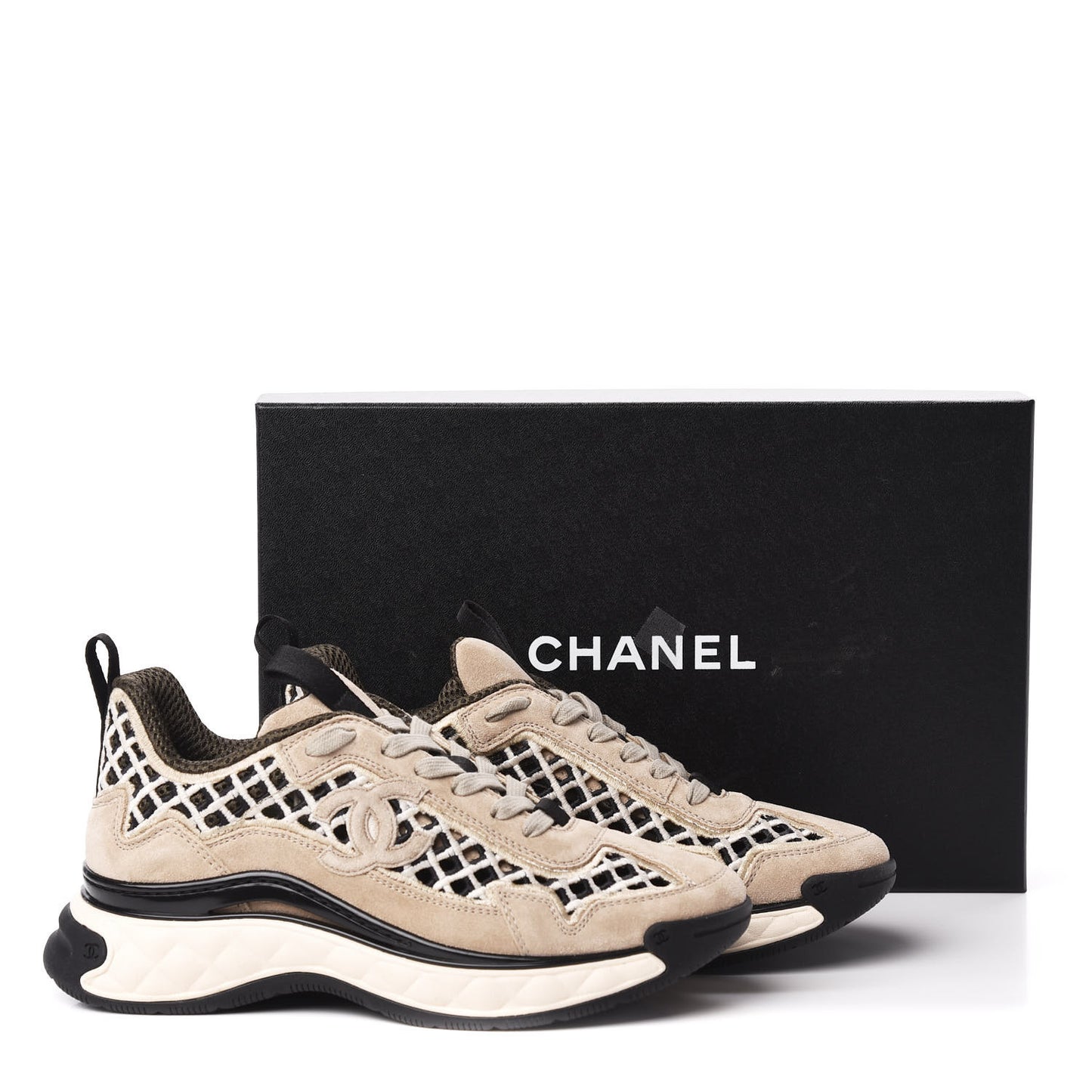 Suede Calfskin Embroidered CC Sneakers 36.5 Beige Black