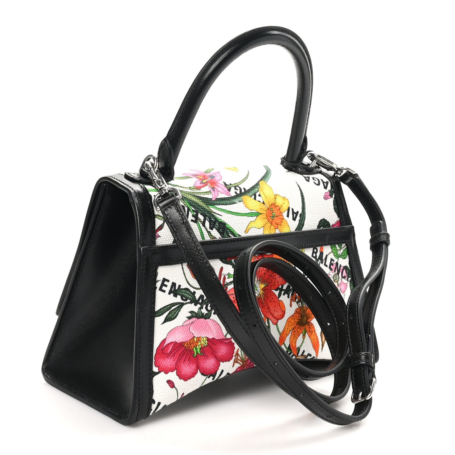 X GUCCI Canvas Boarded Plutone Calfskin Flora Logo Print Small Hourglass Top Handle Bag White Multicolor Black