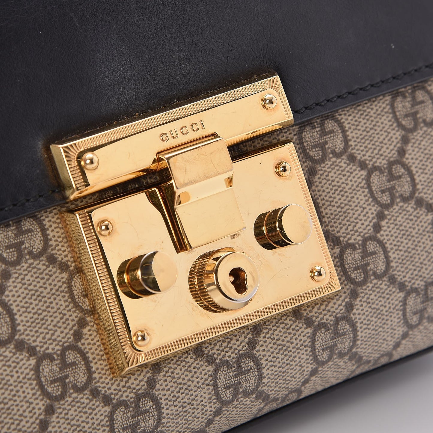 GG Supreme Monogram Calfskin Small Padlock Shoulder Bag Beige Black Cuir