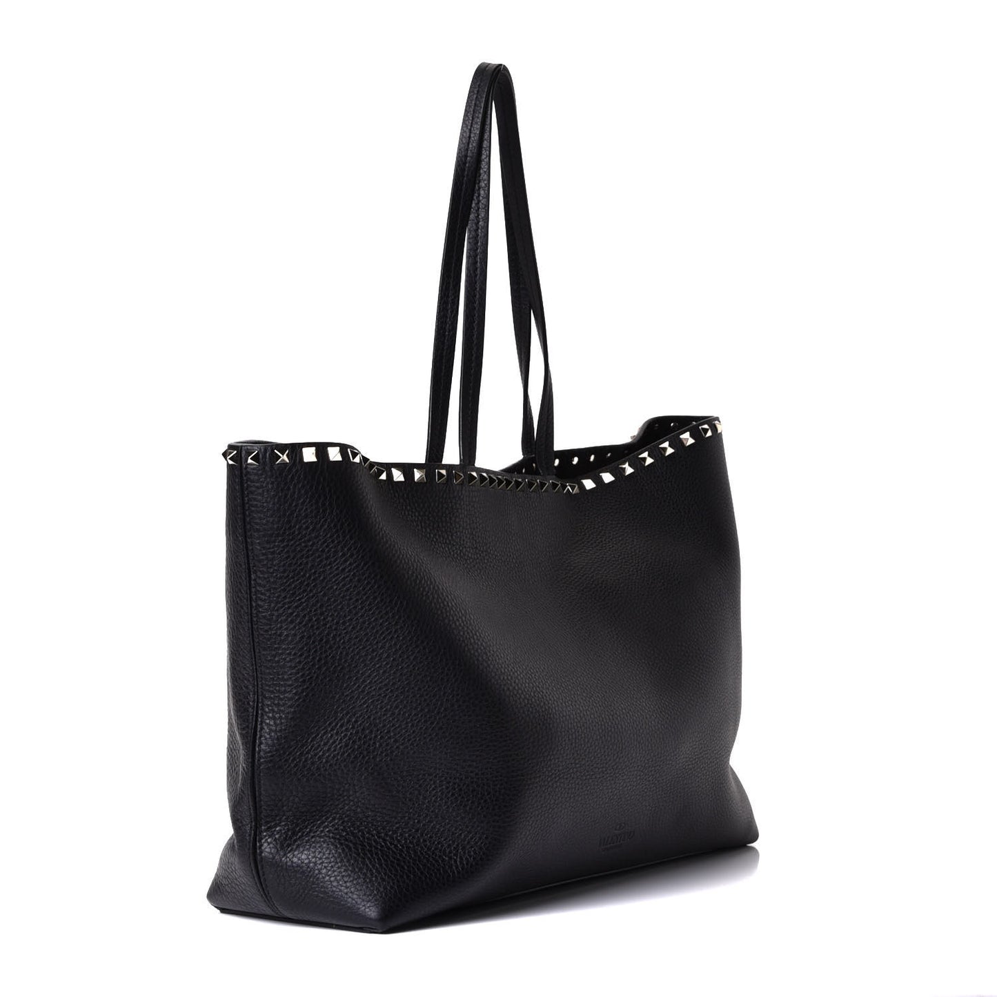 Grained Calfskin Rockstud Shoulder Tote Black