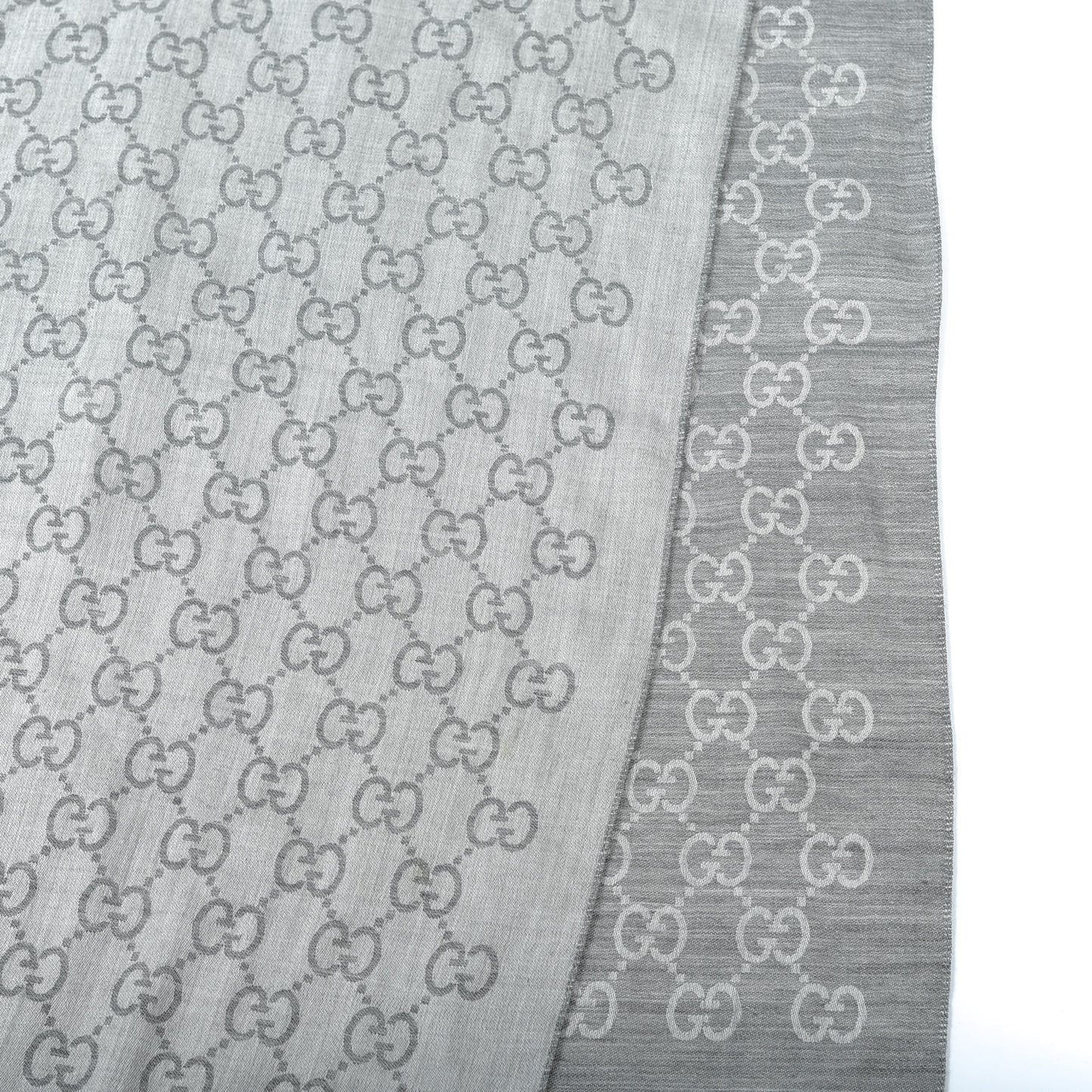 Wool Silk Monogram Fringe Scarf Grey