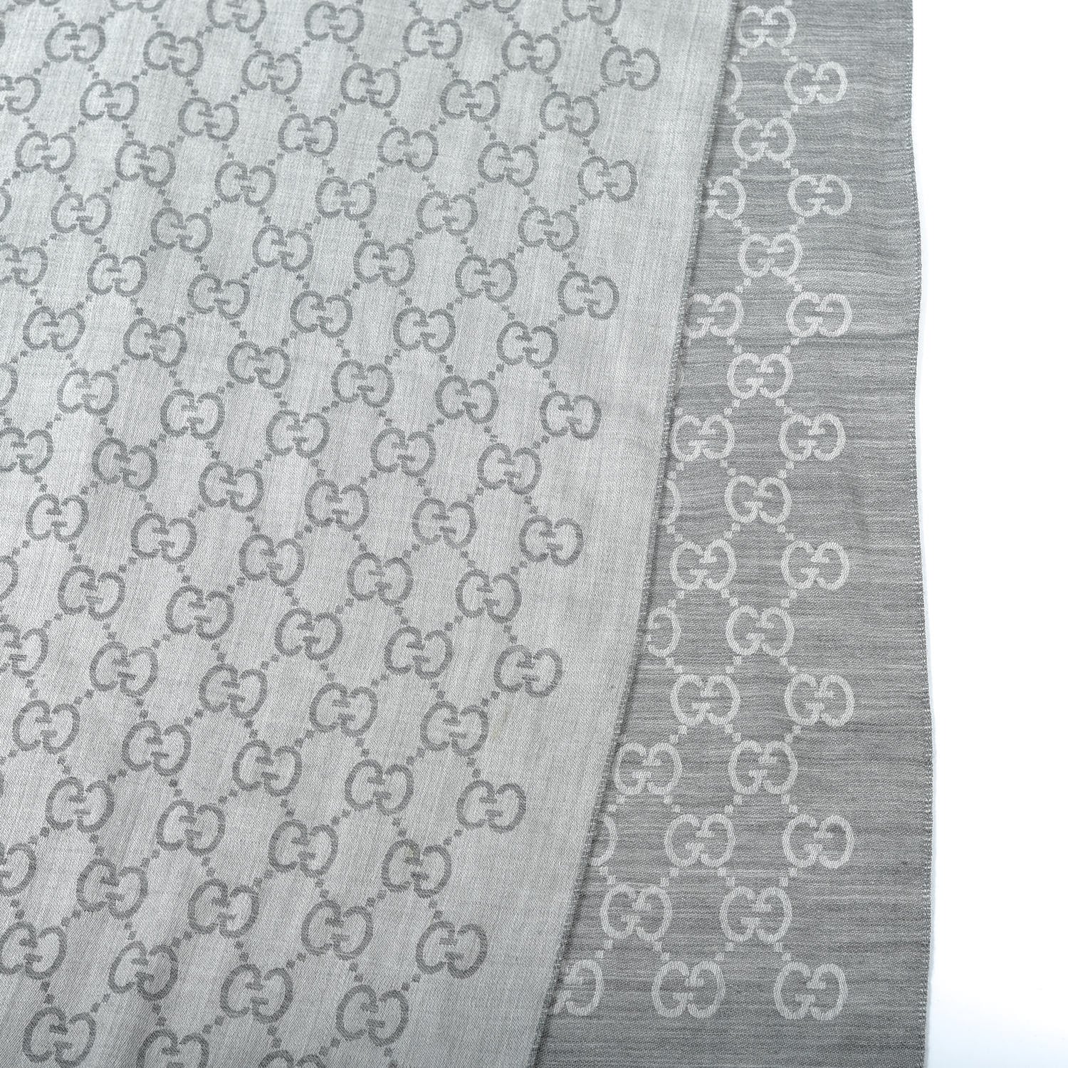 Gucci Wool Silk Monogram Fringe Scarf Grey 5 of 7