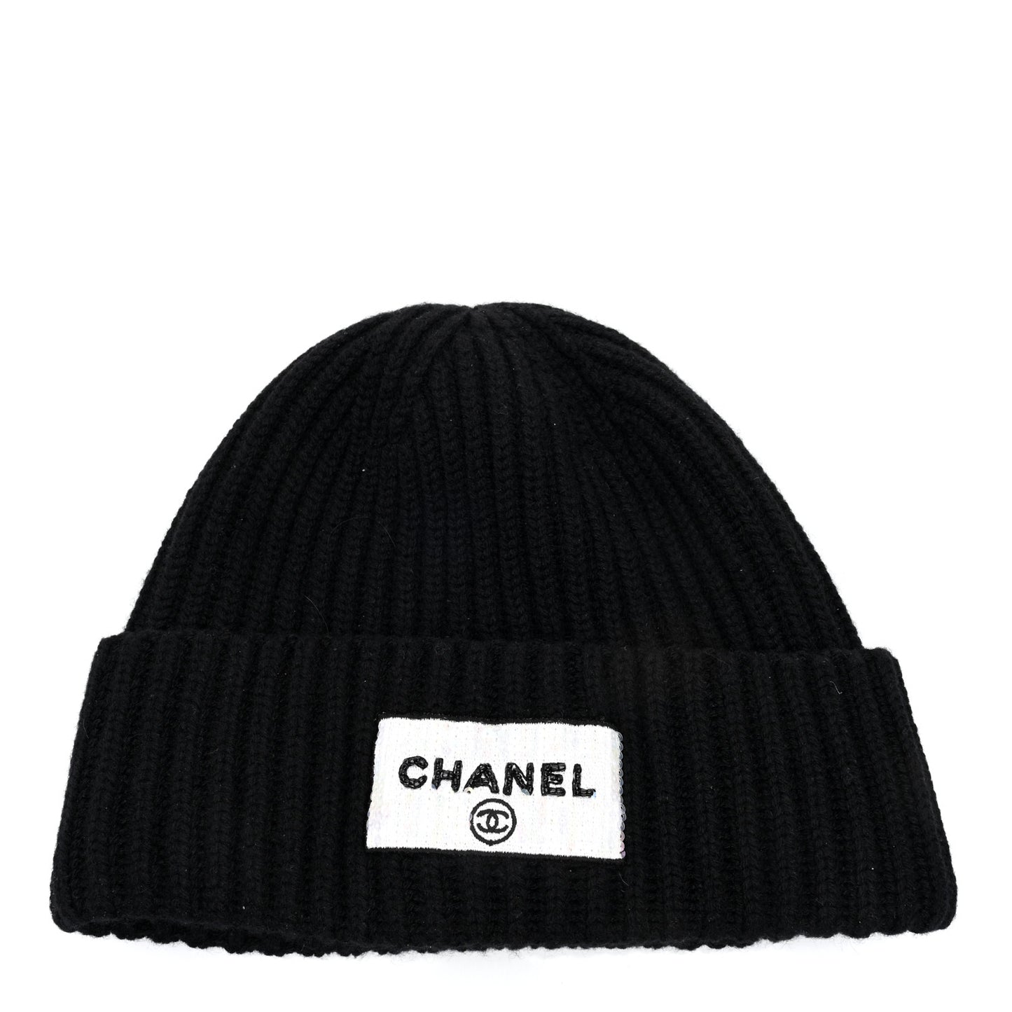 Cashmere Beaded Sequin Logo Beanie Hat Black