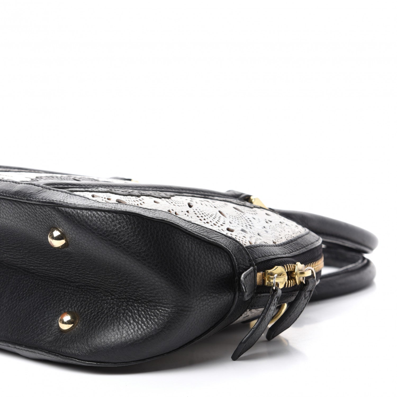 Burberry Calfskin Laser Cut Lace Small Orchard Bowling Bag Black White 7 of 11