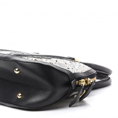 Burberry Calfskin Laser Cut Lace Small Orchard Bowling Bag Black White 7 of 11