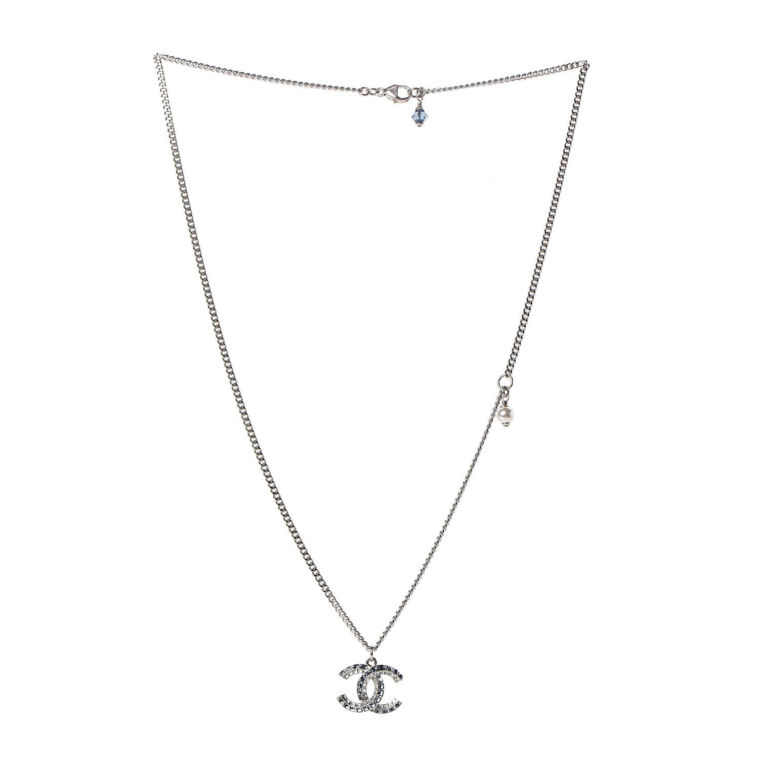 Chanel Crystal Baguette CC Pendant Necklace Silver Blue 3 of 4