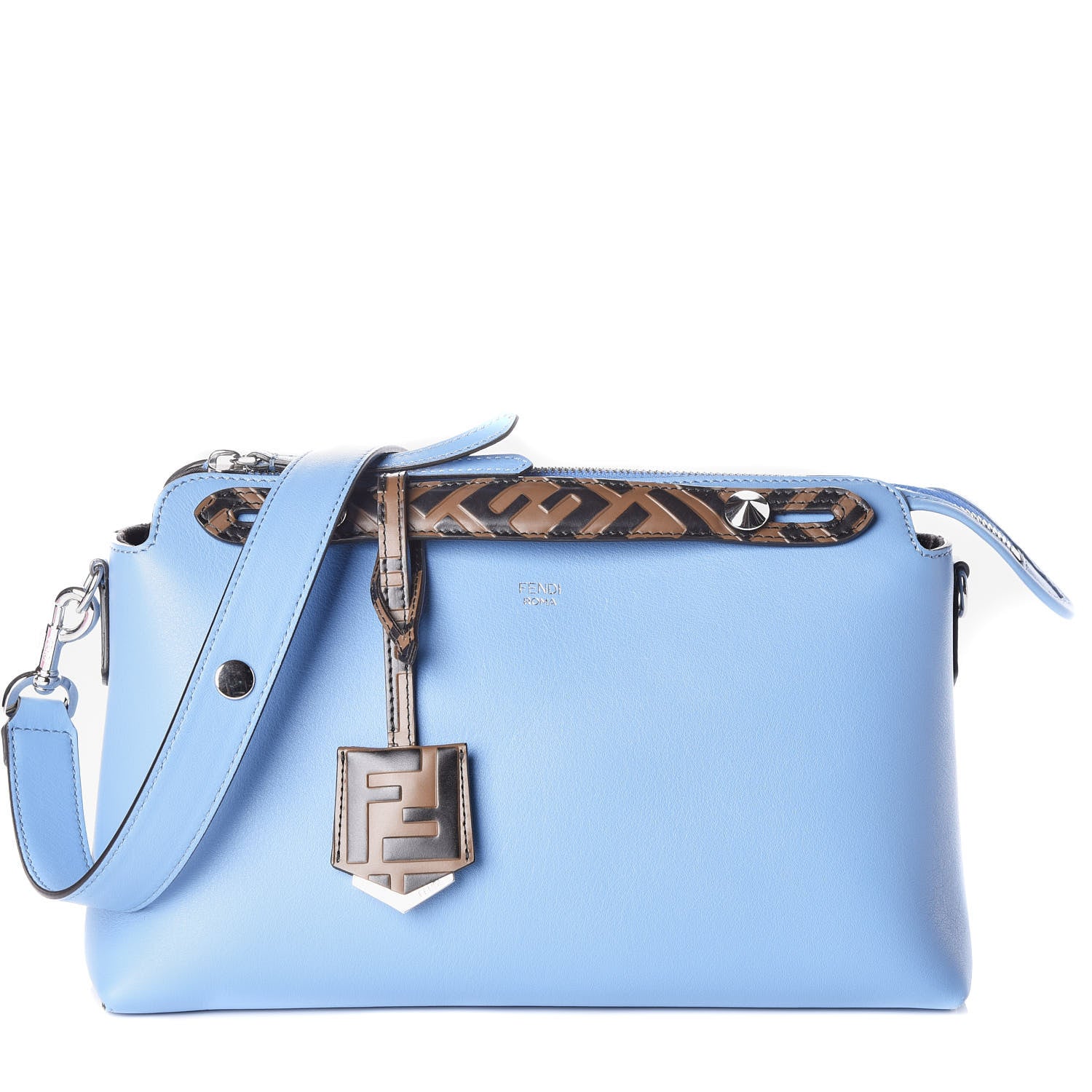 Fendi Vitello Dolce Bi-Color FF 1974 Embossed Medium By The Way Boston Bag Nebula Maya Black 1 of 13