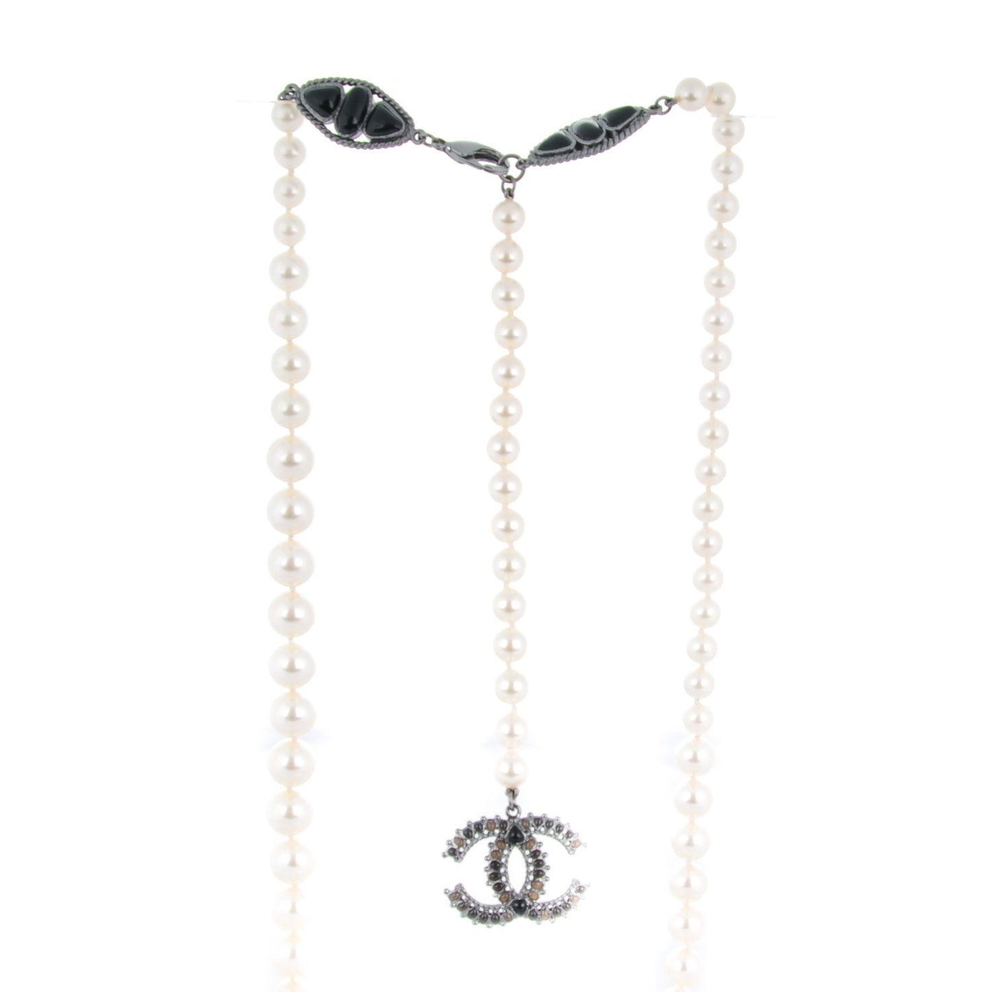 Pearl Gripoix Ruthenium CC Long Necklace Black