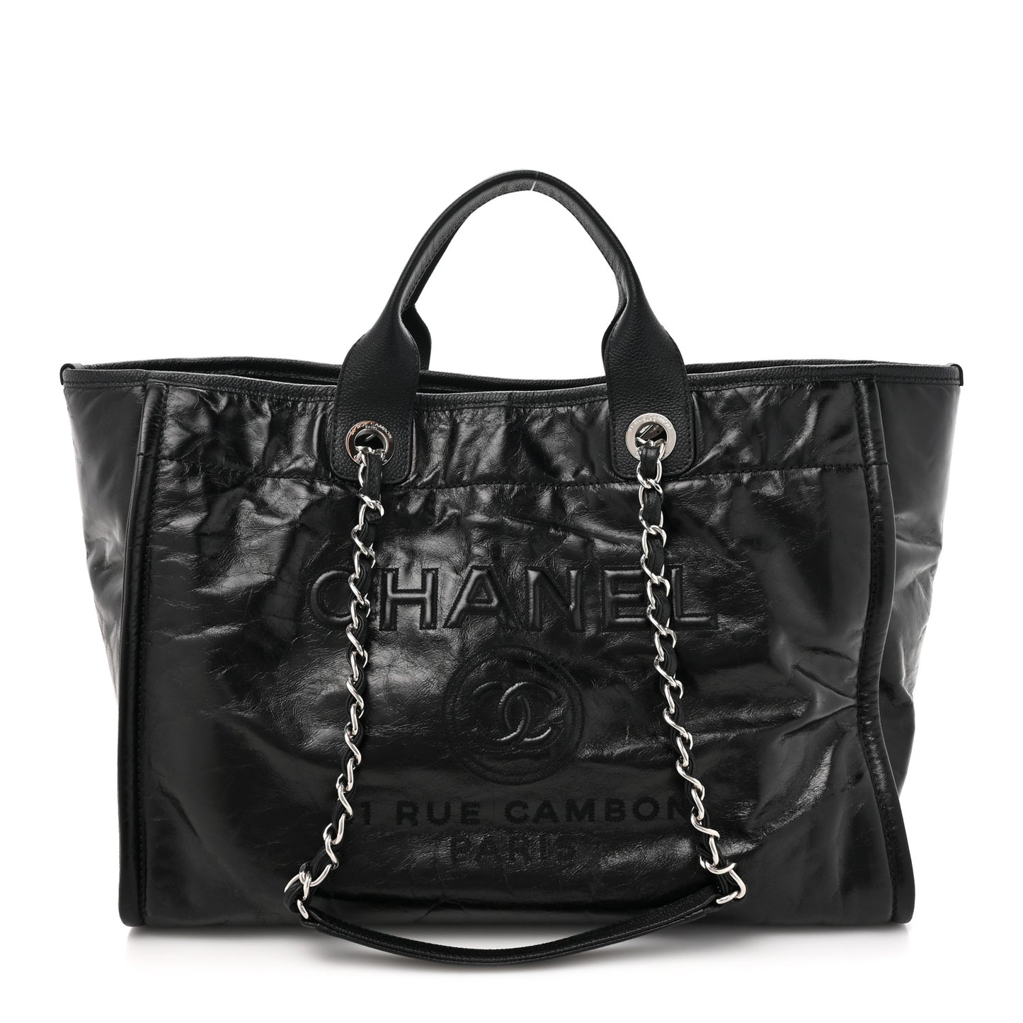 Glazed Calfskin Medium Deauville Tote Black