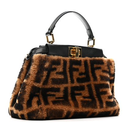 Fendi Shearling Nappa Macro FF 1974 Mini Peekaboo Iconic Satchel Tobacco Black 4 of 14
