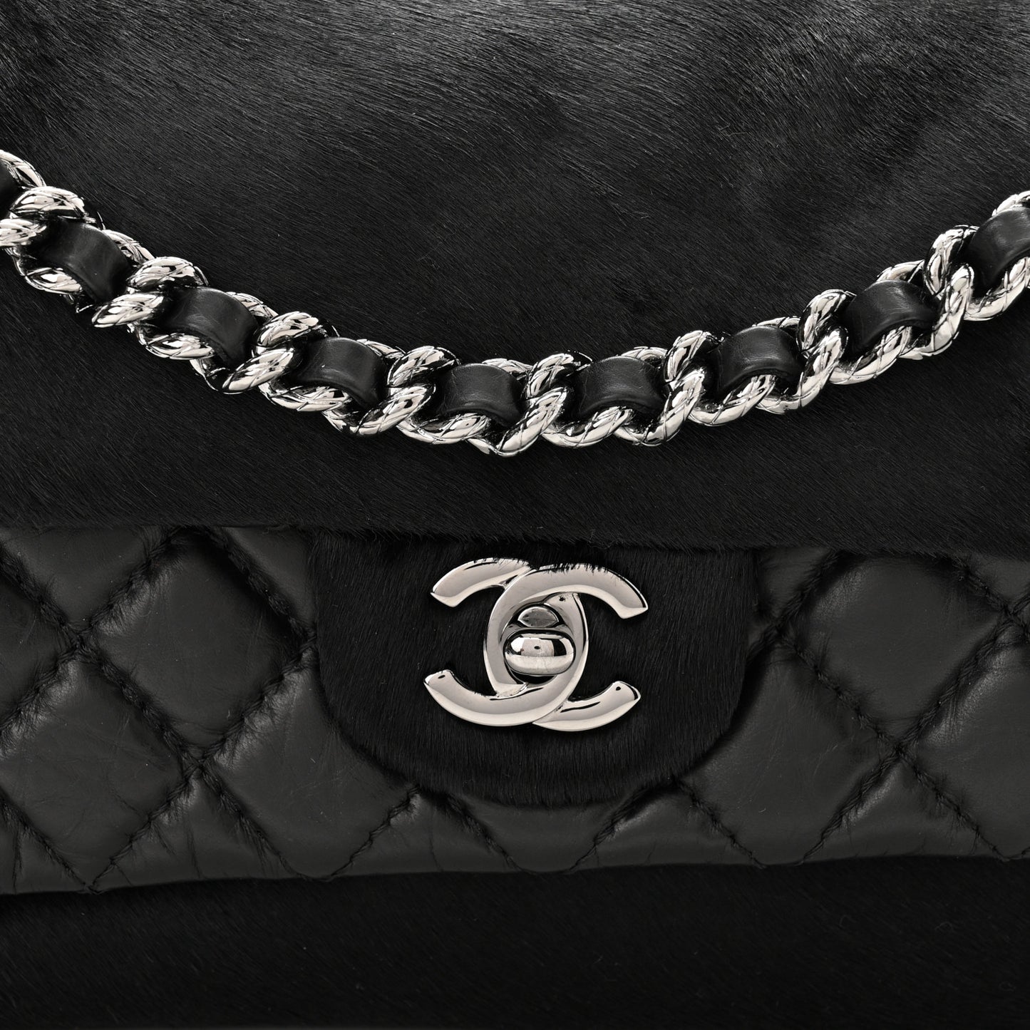 Aged Calfskin Miss Pony Fur Medium Flap Black