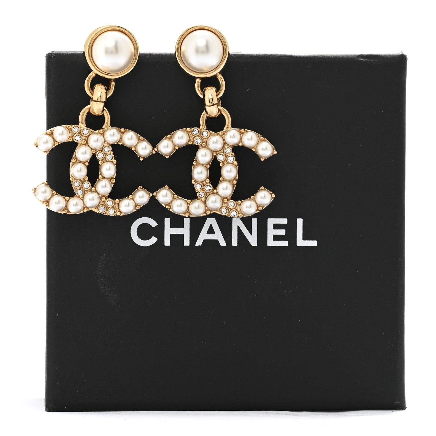 Chanel Pearl Crystal CC Drop Earrings Gold 5 of 5