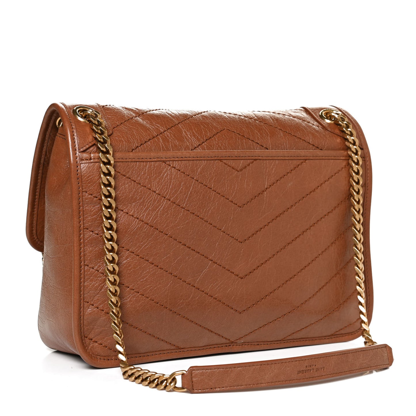 Crinkled Calfskin Matelasse Monogram Medium Niki Chain Satchel Caramel