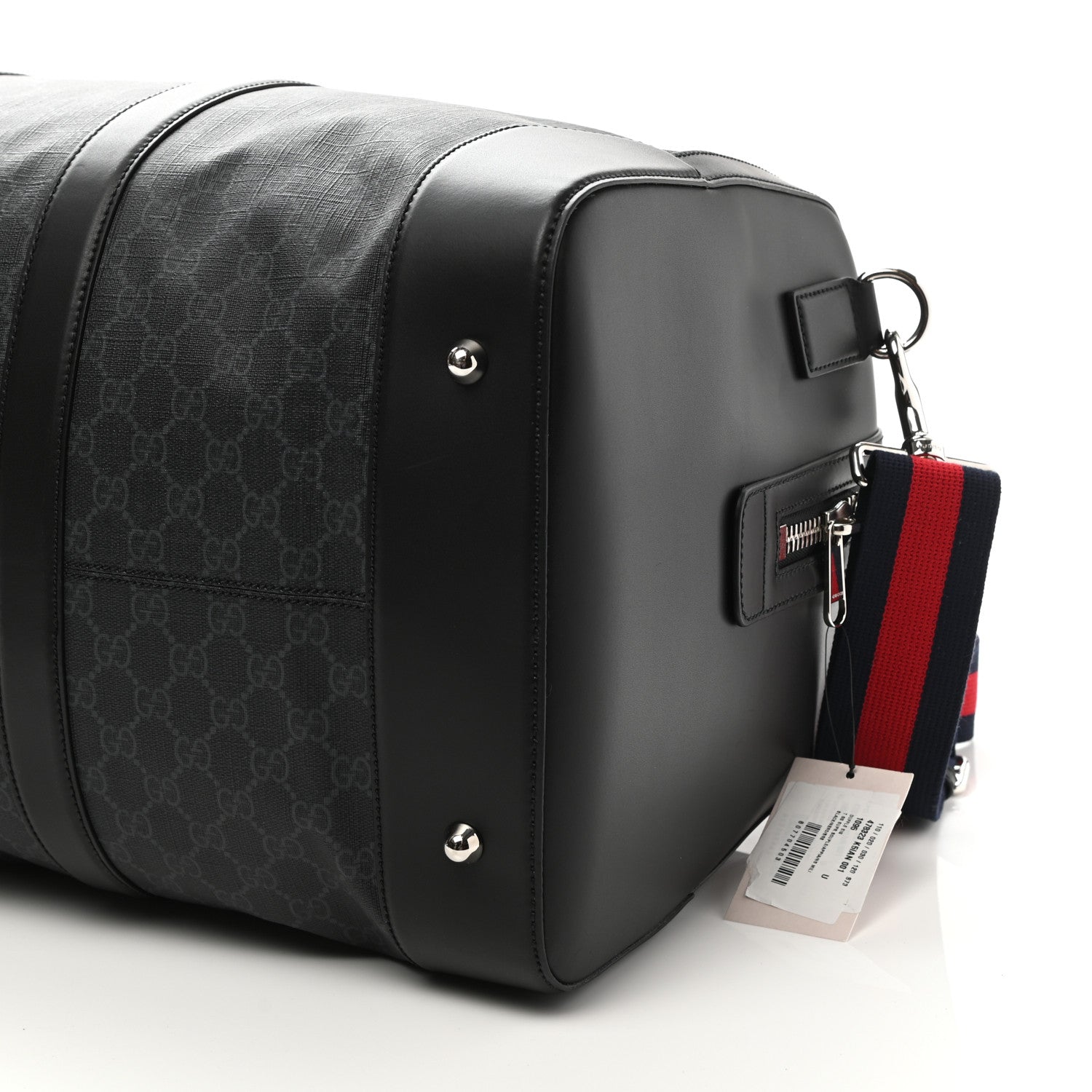Gucci Soft GG Supreme Monogram Appia Calfskin Web Large Carry On Duffle Bag Black Grey 10 of 11