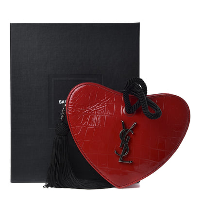 Saint Laurent Patent Crocodile Embossed Sac Coeur Heart Shaped Clutch Red 10 of 10