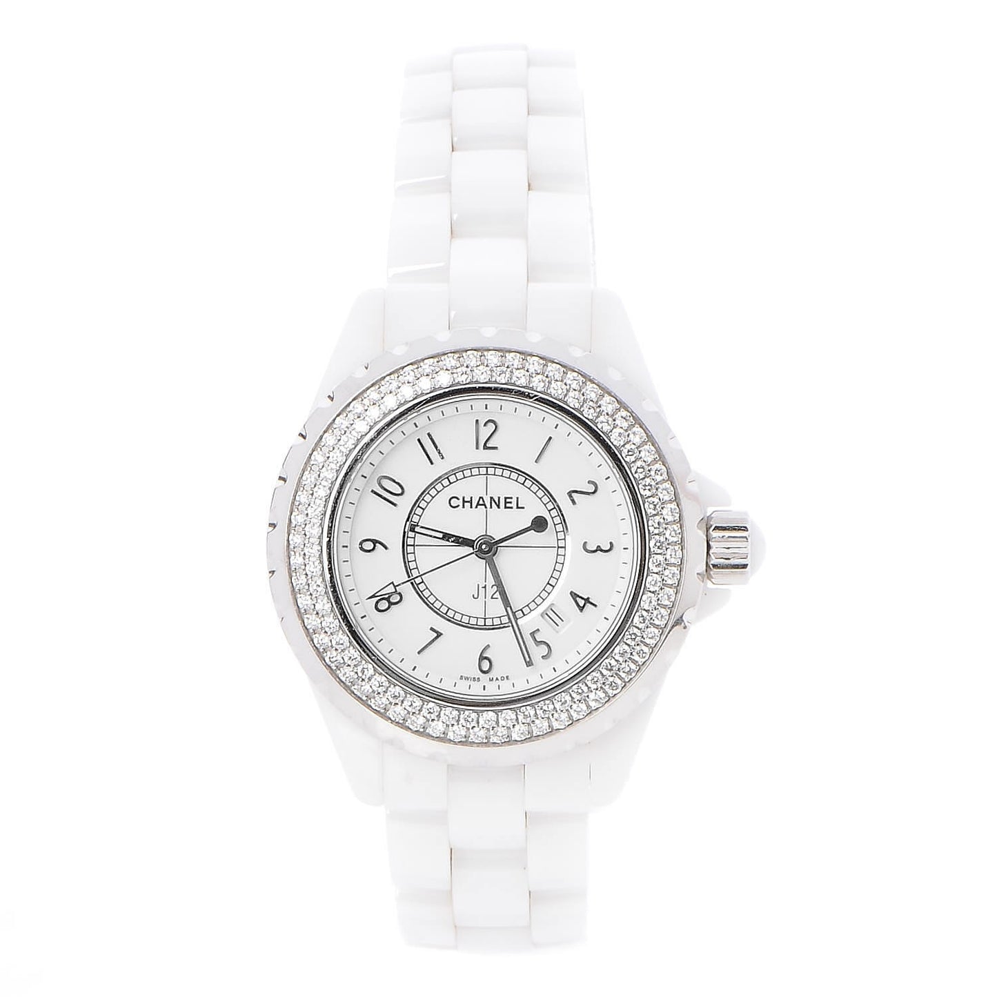 Stainless Steel Ceramic Diamond Pave Bezel 33mm J12 Quartz Watch White
