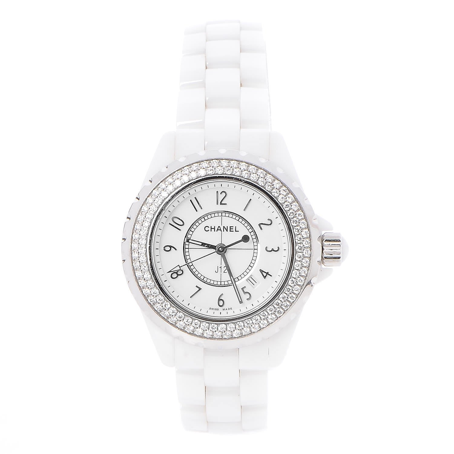 Chanel Stainless Steel Ceramic Diamond Pave Bezel 33mm J12 Quartz Watch White 1 of 6