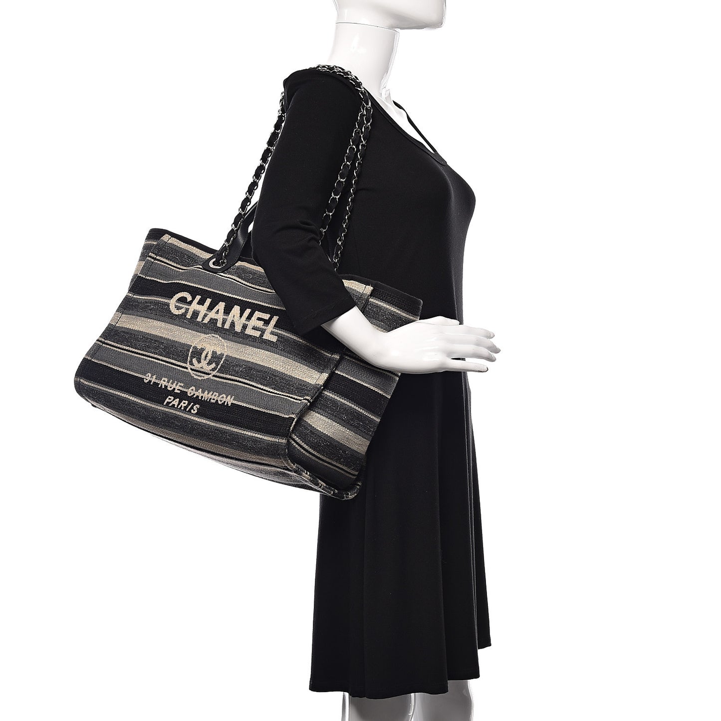 Striped Canvas Medium Deauville Tote Black