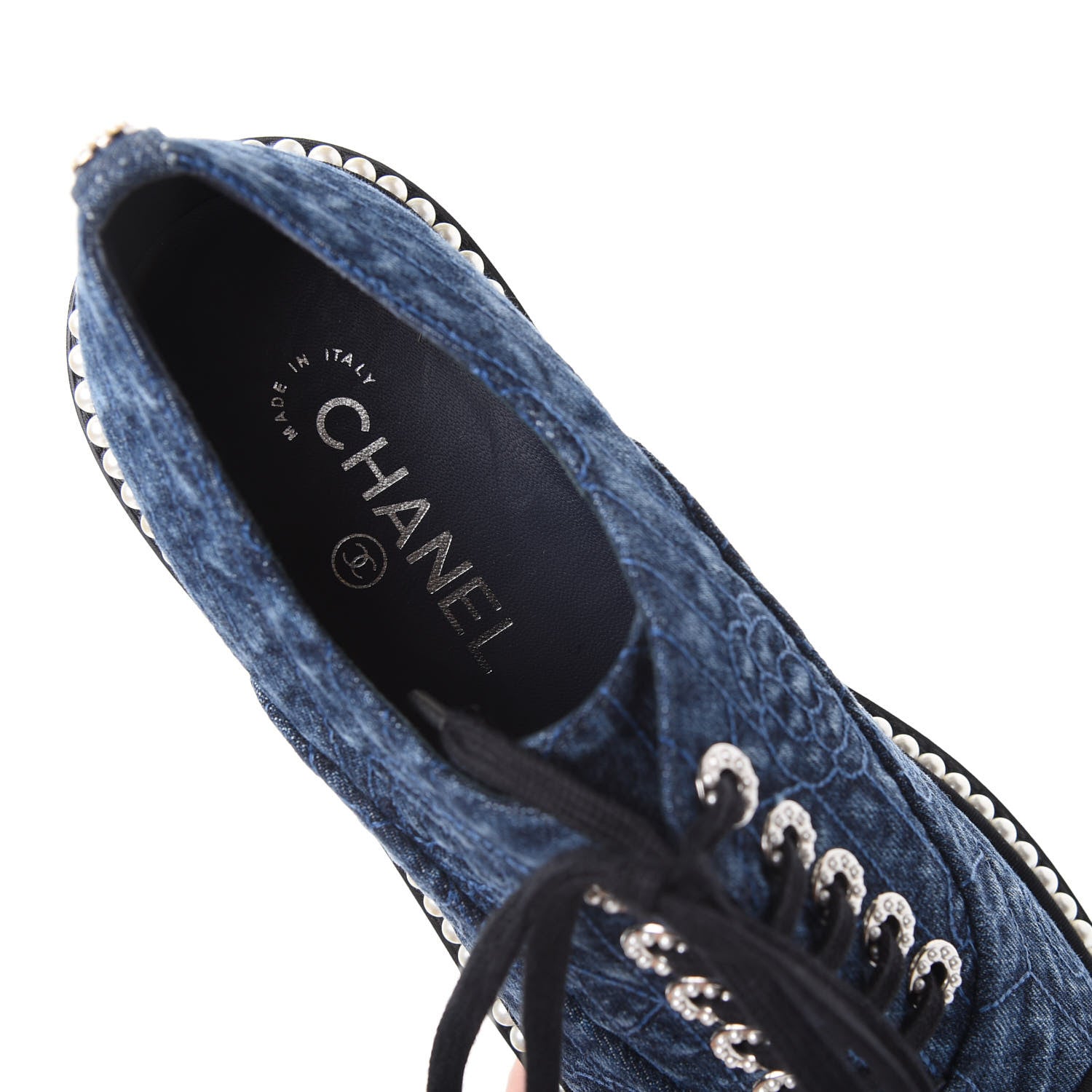 Chanel Denim Grosgrain Camellia Pearl Lace Up Sneakers 38.5 Blue Black 8 of 11