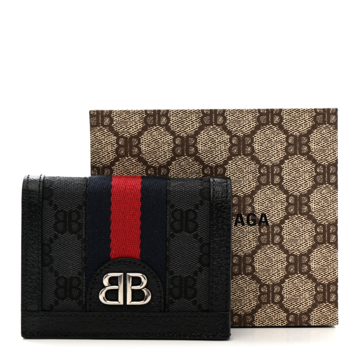 X BALENCIAGA BB Monogram Web Ophidia Card Case Wallet Black