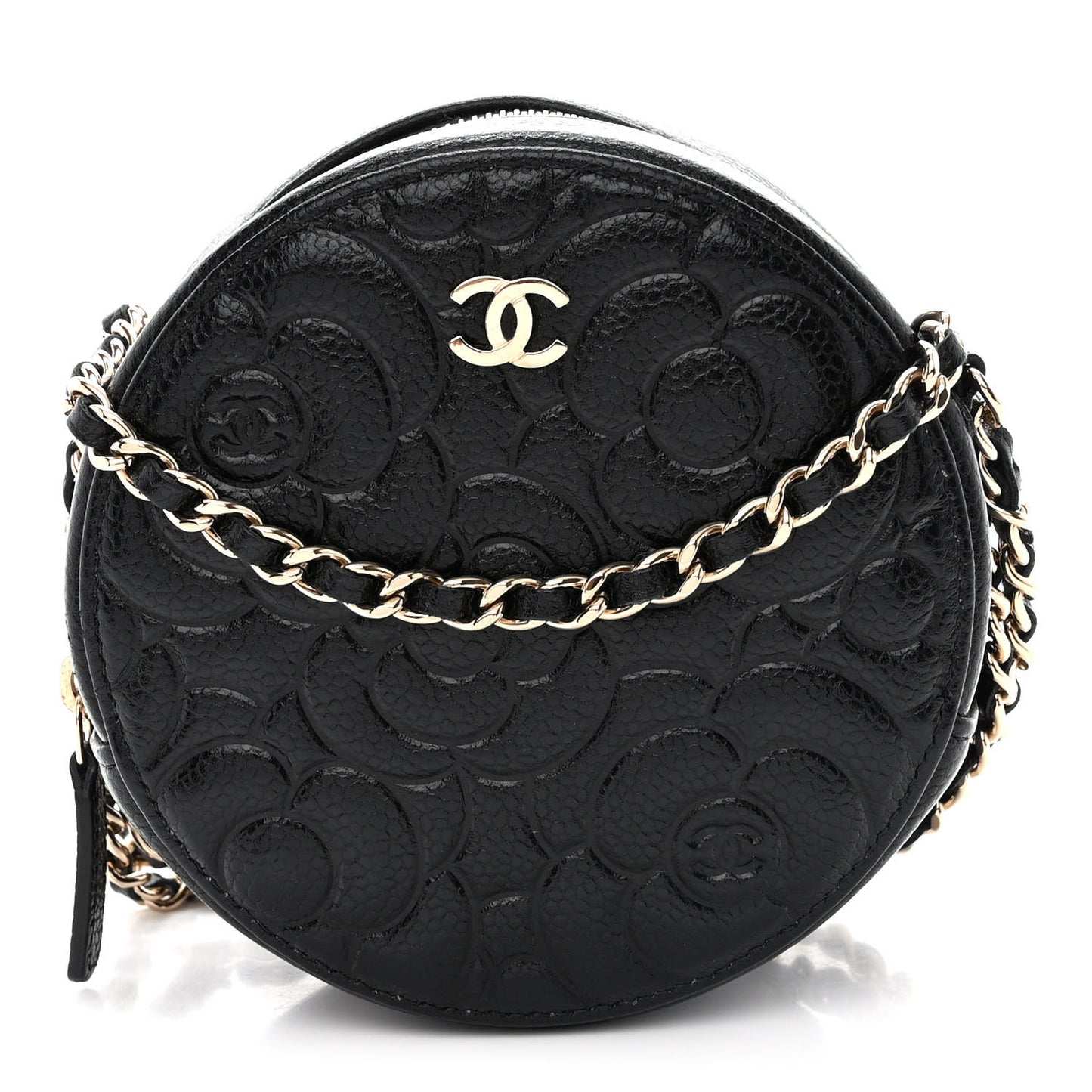 Caviar Camellia Quilted Round Clutch With Chain Black