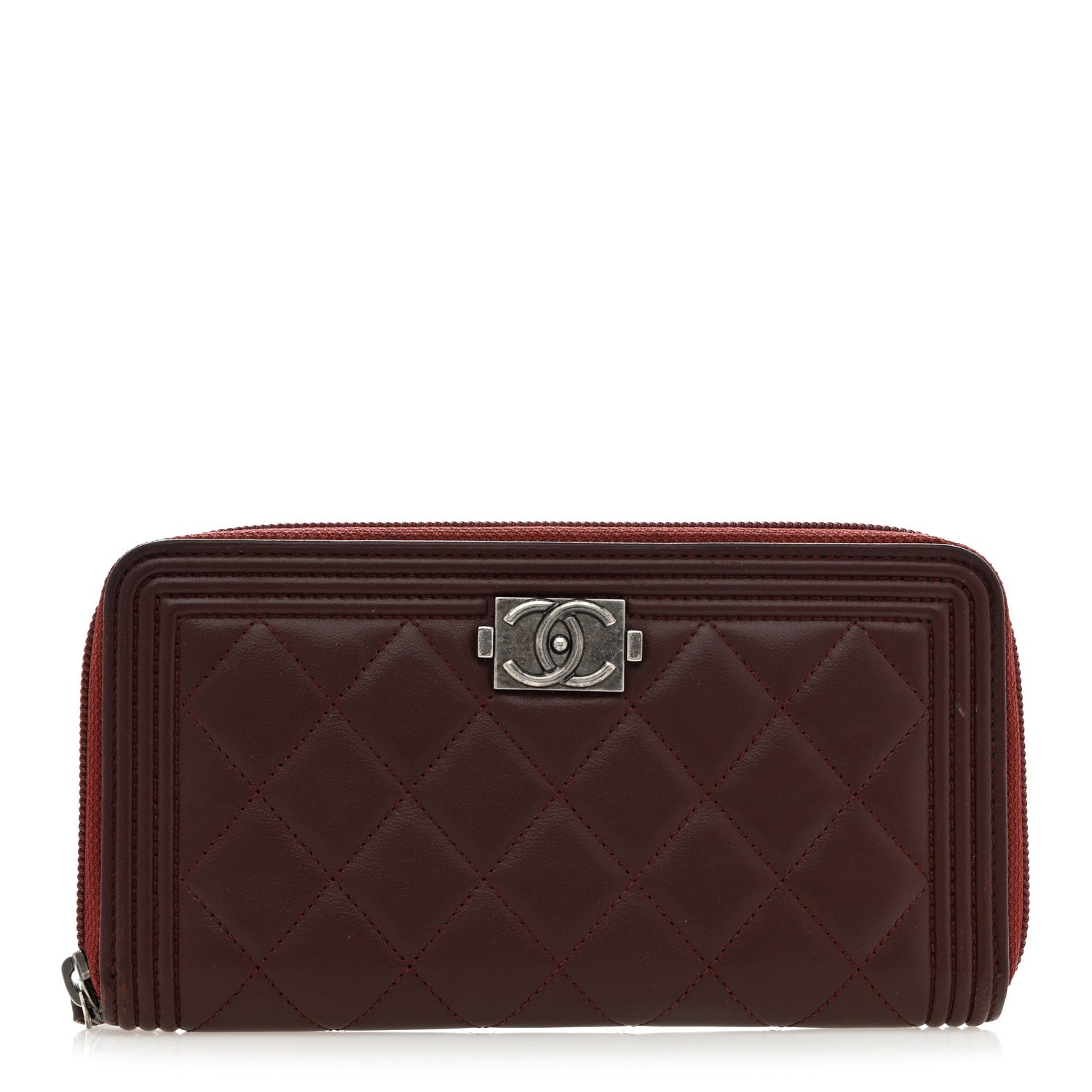 Chanel Lambskin Quilted Boy Zip Around Wallet Burgundy 1 of 9